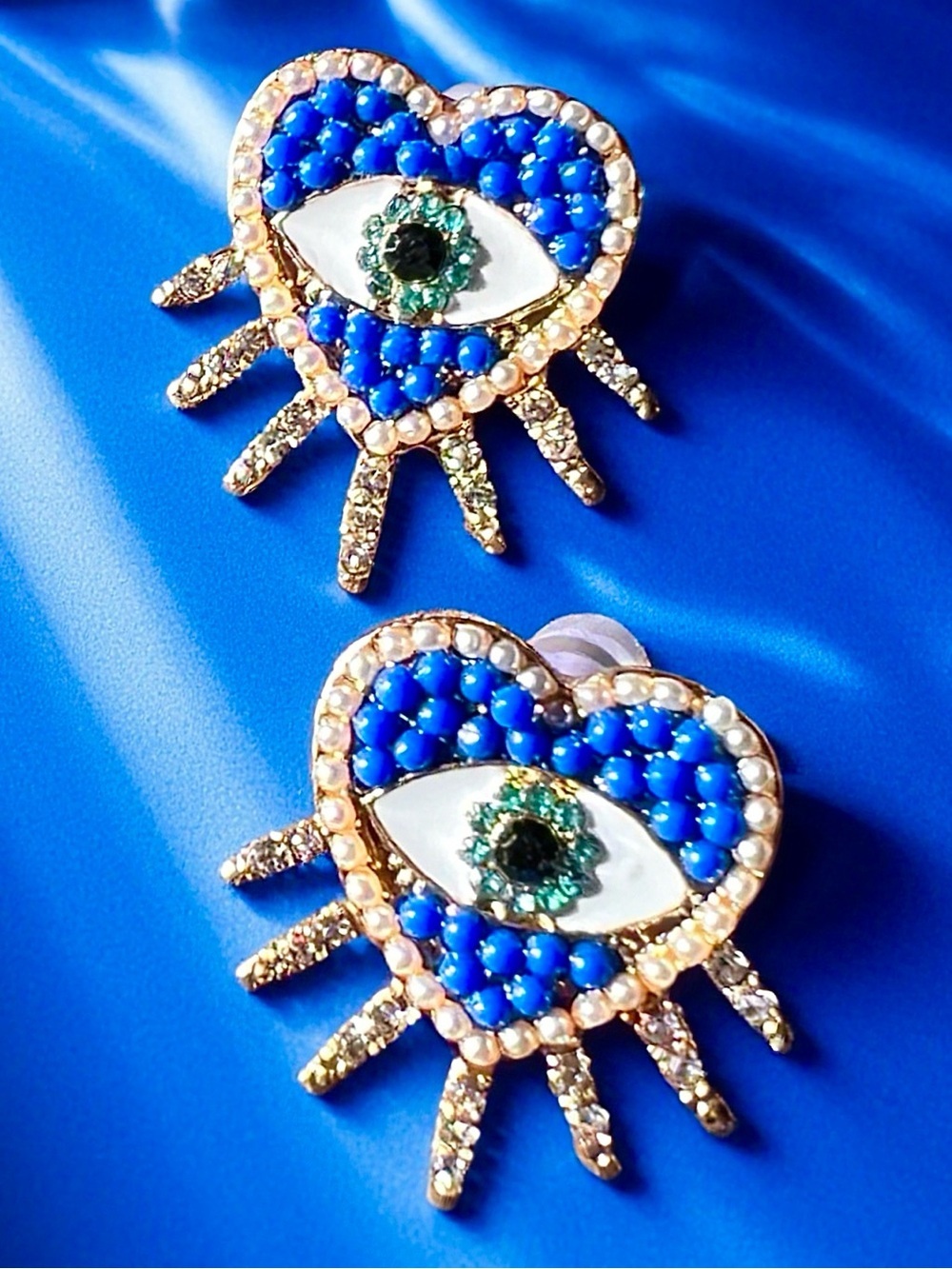 Blue and White Gold Heart Rhinestone Evil Eye Post Earrings with Spikes